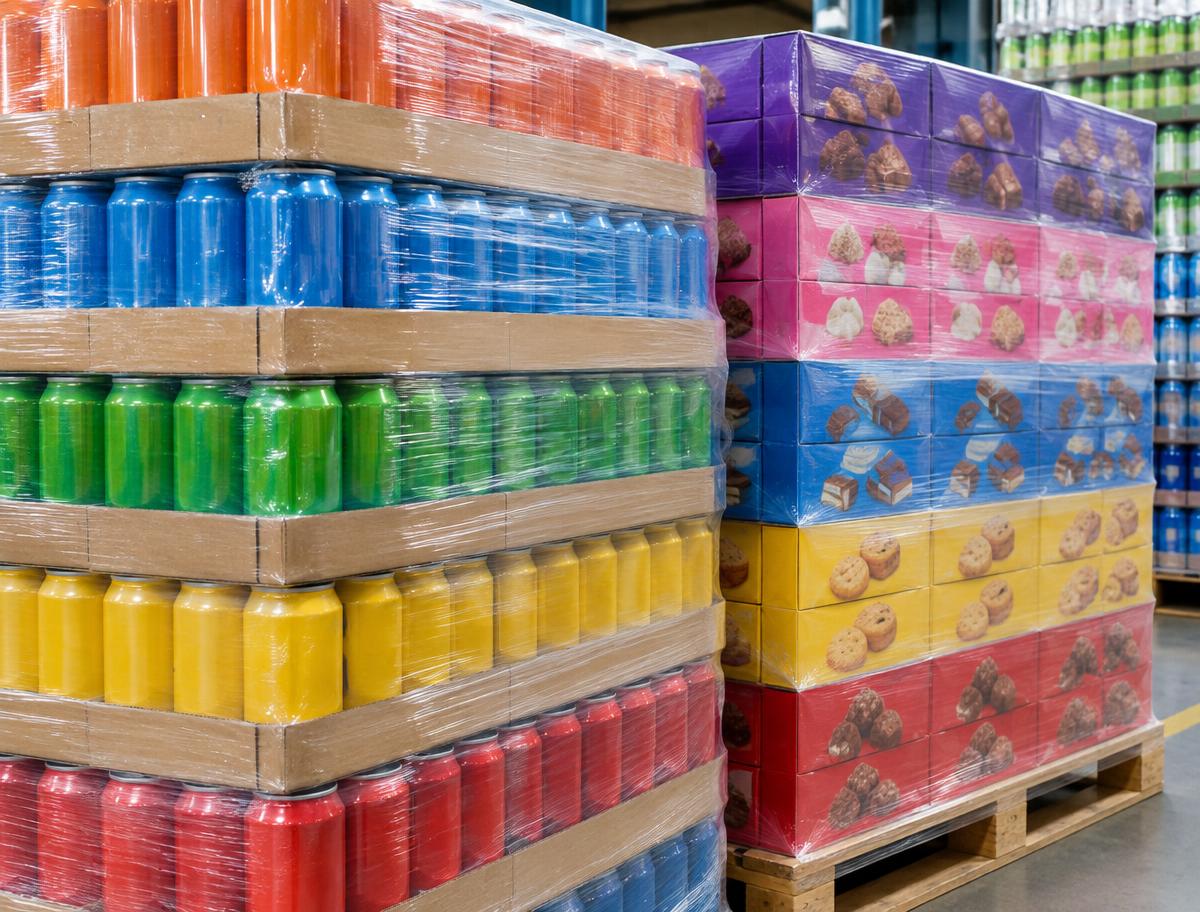 Shrink-wrapped pallets of drinks and boxed confectionery